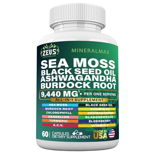 Sea Moss Capsules with Black Seed Oil, Burdock Root, Bladderwrack, Turmeric, Ashwagandha, 60 Count J80628