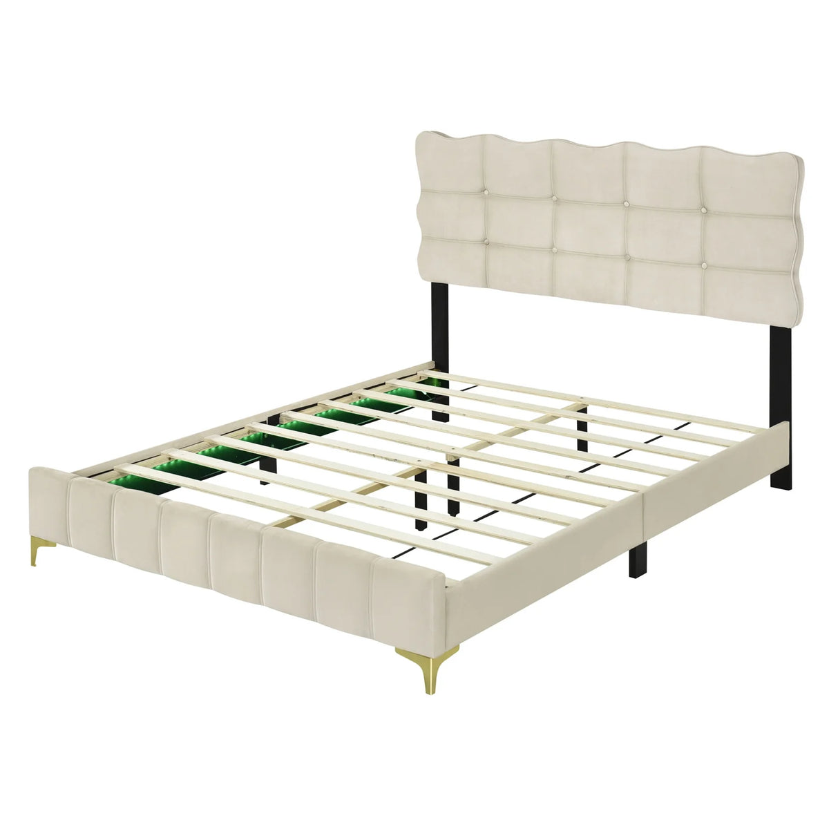 Queen Size Beige Velvet Upholstered Platform Bed with LED D97860