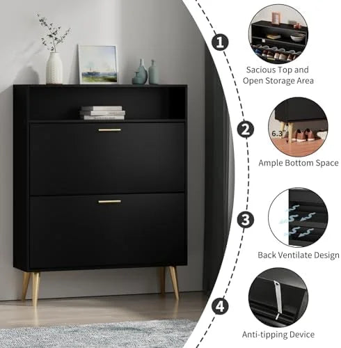 Black Narrow Shoe Cabinet with 2 Flip Drawers U603501