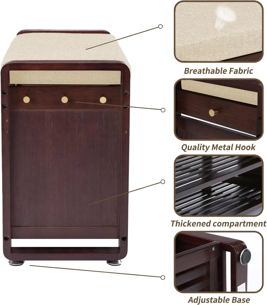 Bamboo Shoe Bench with Cushion and Side Hooks J910210