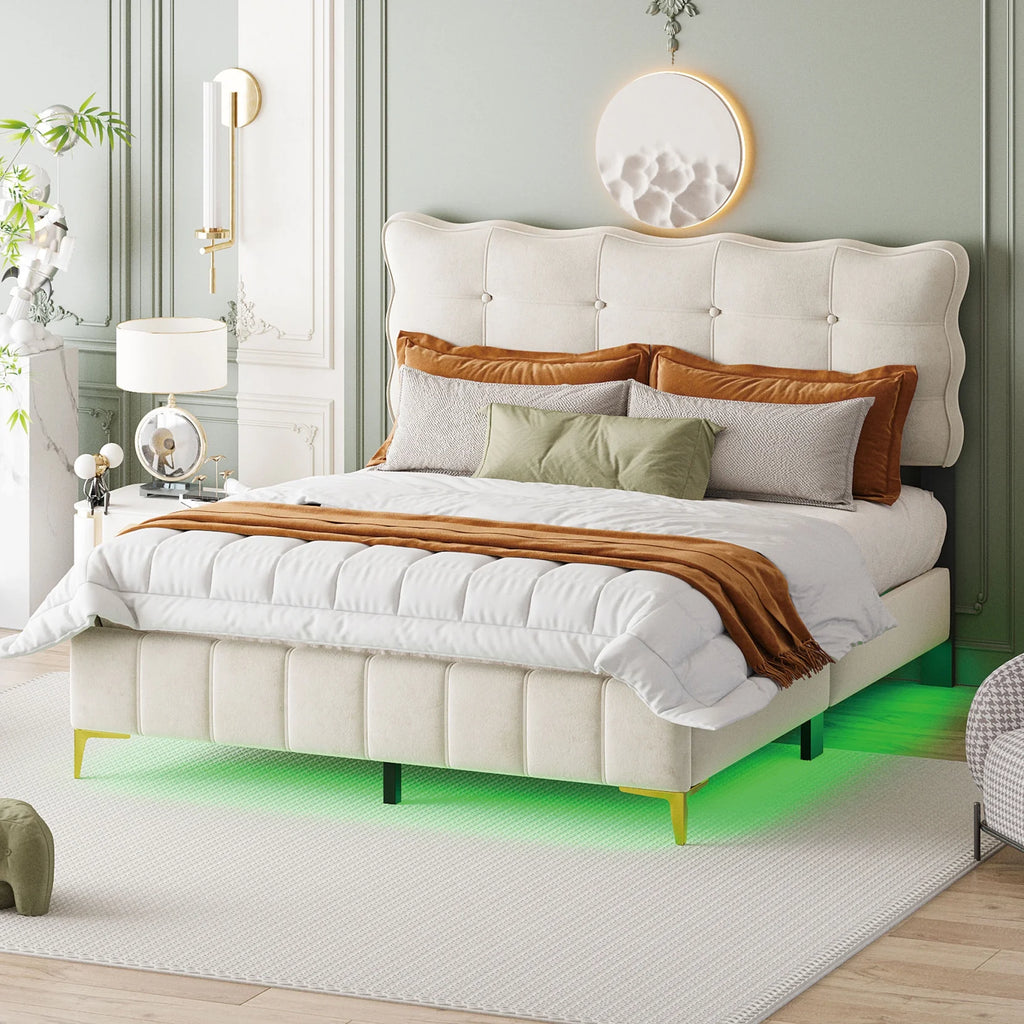 Queen Size Beige Velvet Upholstered Platform Bed with LED D97860