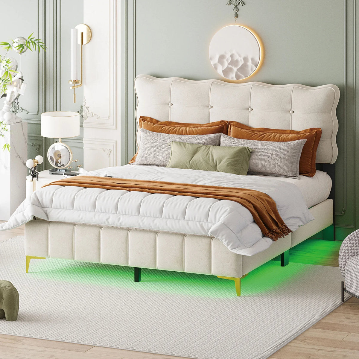 Queen Size Beige Velvet Upholstered Platform Bed with LED D97860