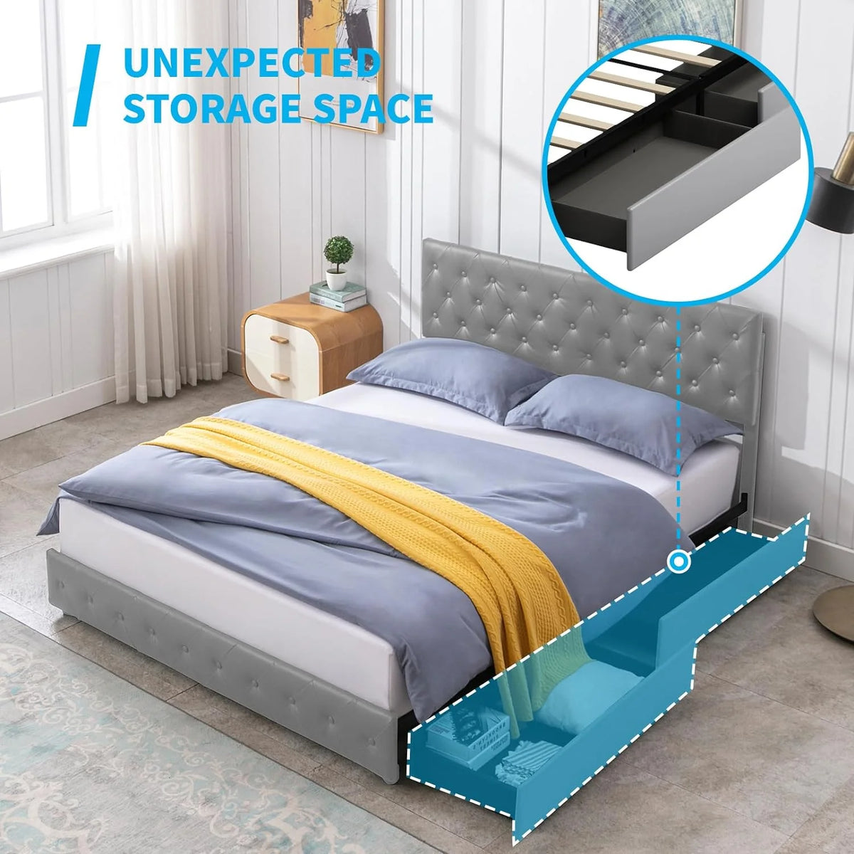 Upholstered California King Platform Bed Frame with 4 Storage Drawers N2627