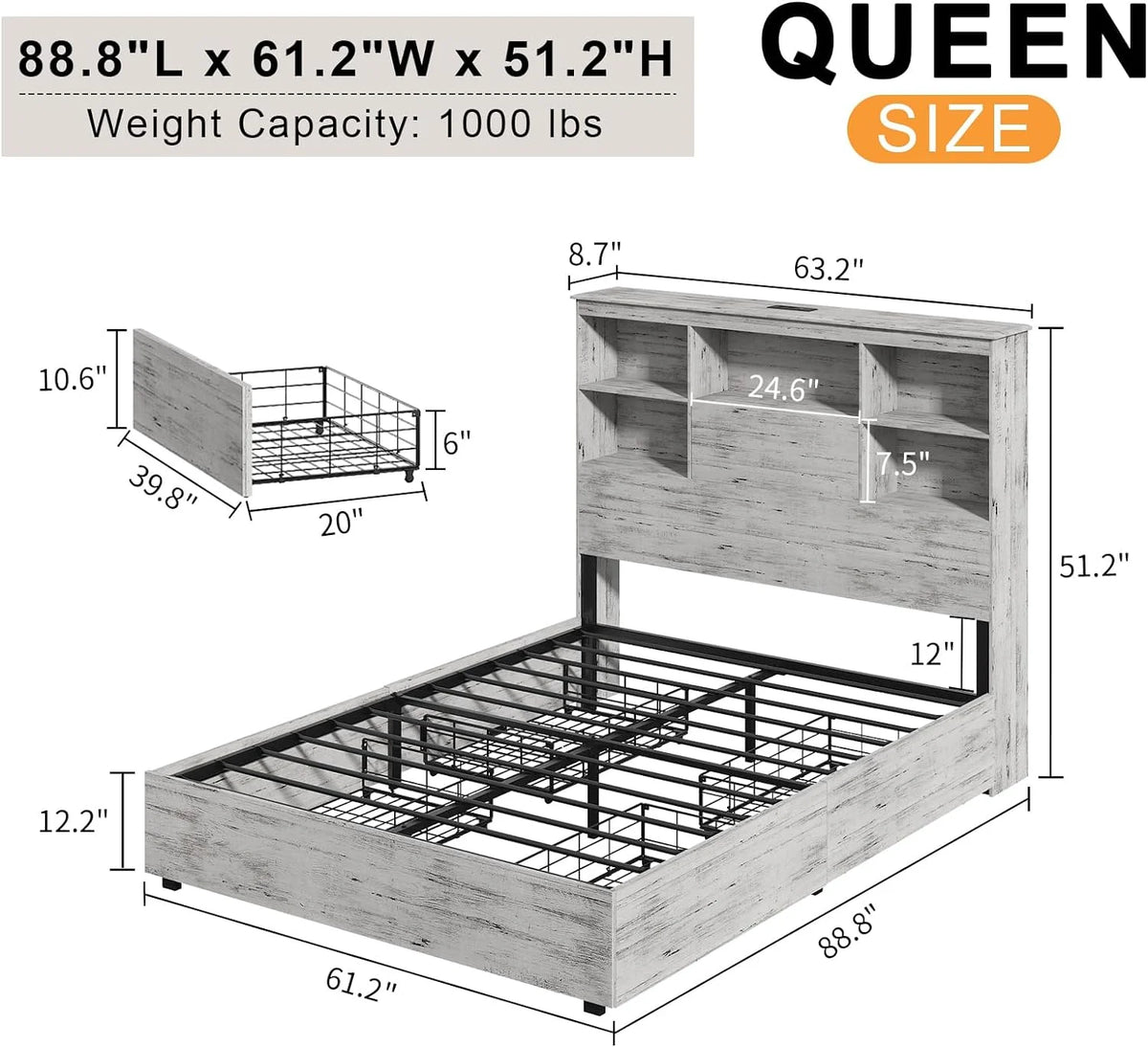 Queen Size Wooden Storage Bed Frame with 4 Drawers D253