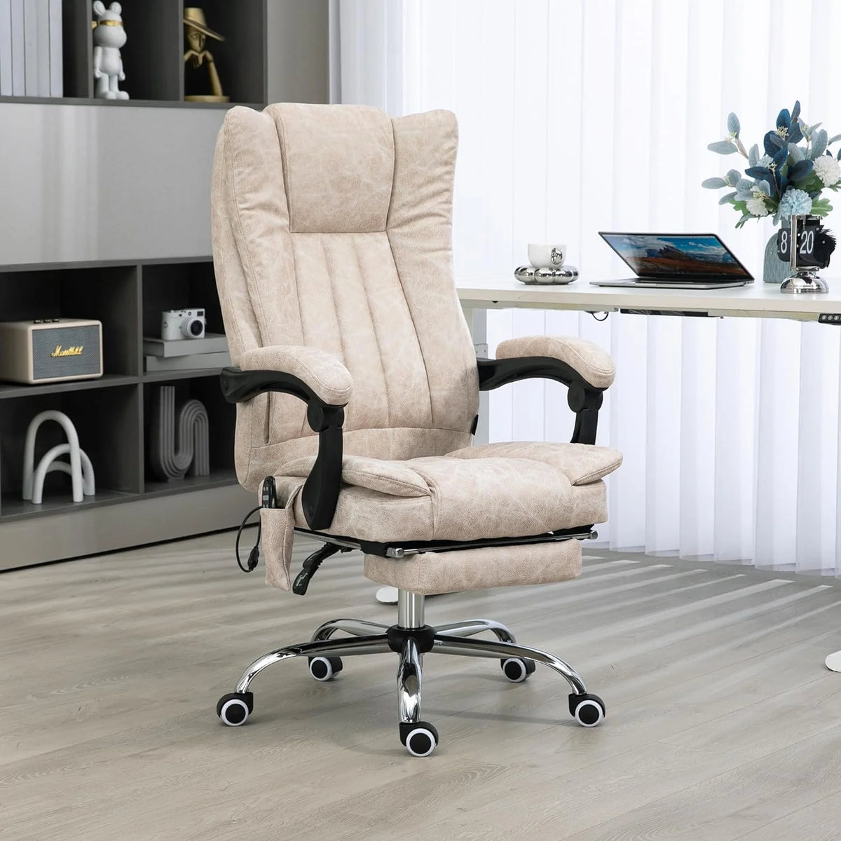 Cream White Microfiber High Back Office Chair with Massage and Footrest R143518
