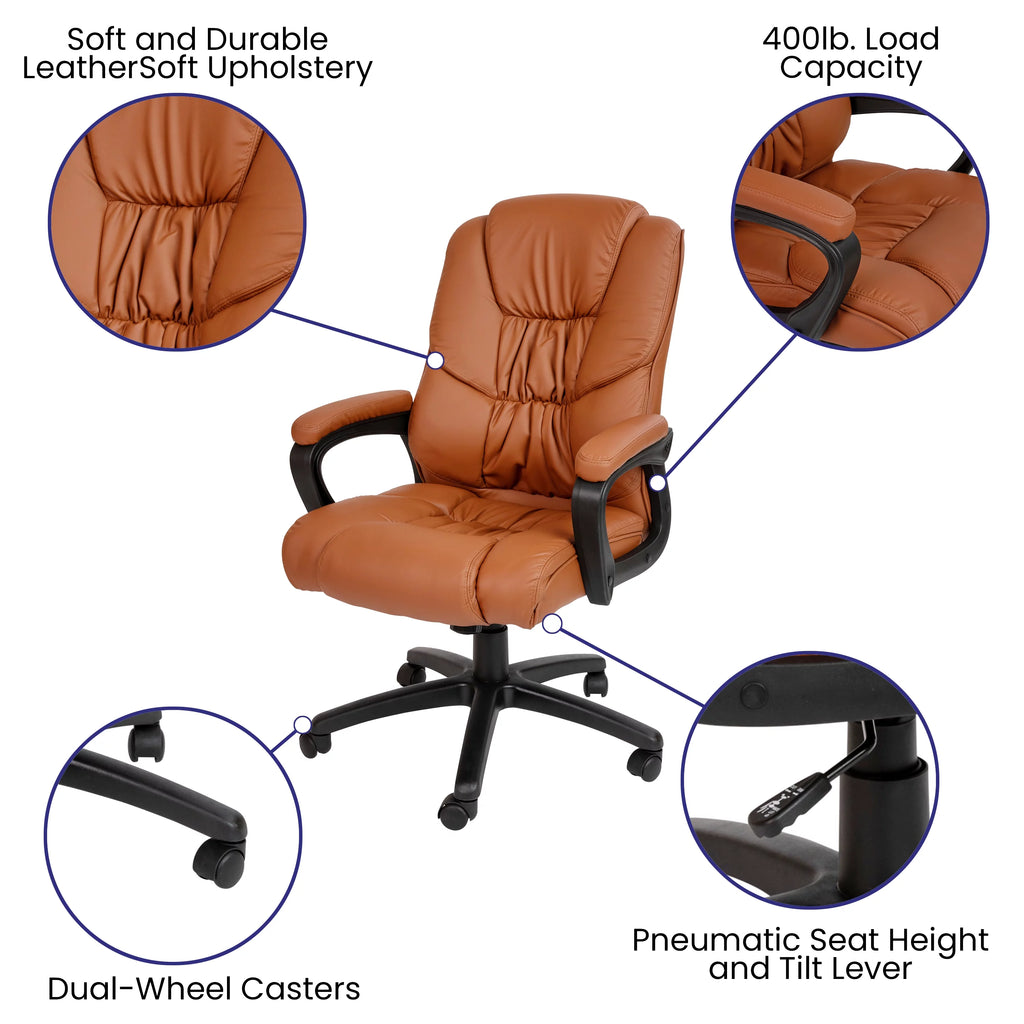 Brown LeatherSoft Swivel Office Chair with Padded Arms V95981