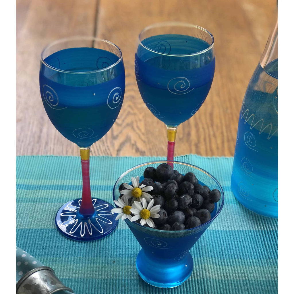 Set of 2 Turquoise Hand Painted Wine Glass 8.25 oz W554