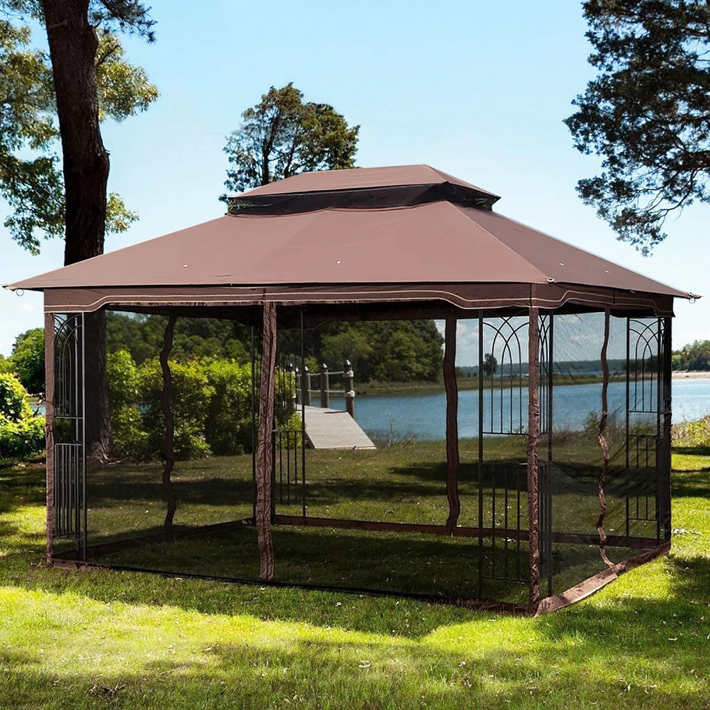 Brown Top Outdoor Patio Gazebo Canopy Tent With Ventilated Double Roof And Mosquito Net Q46582