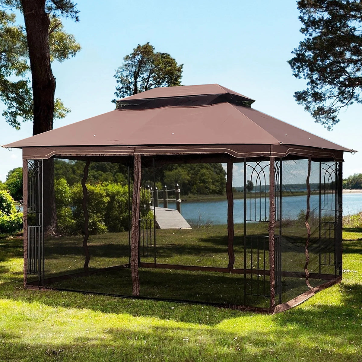 Brown Top Outdoor Patio Gazebo Canopy Tent With Ventilated Double Roof And Mosquito Net Q46582