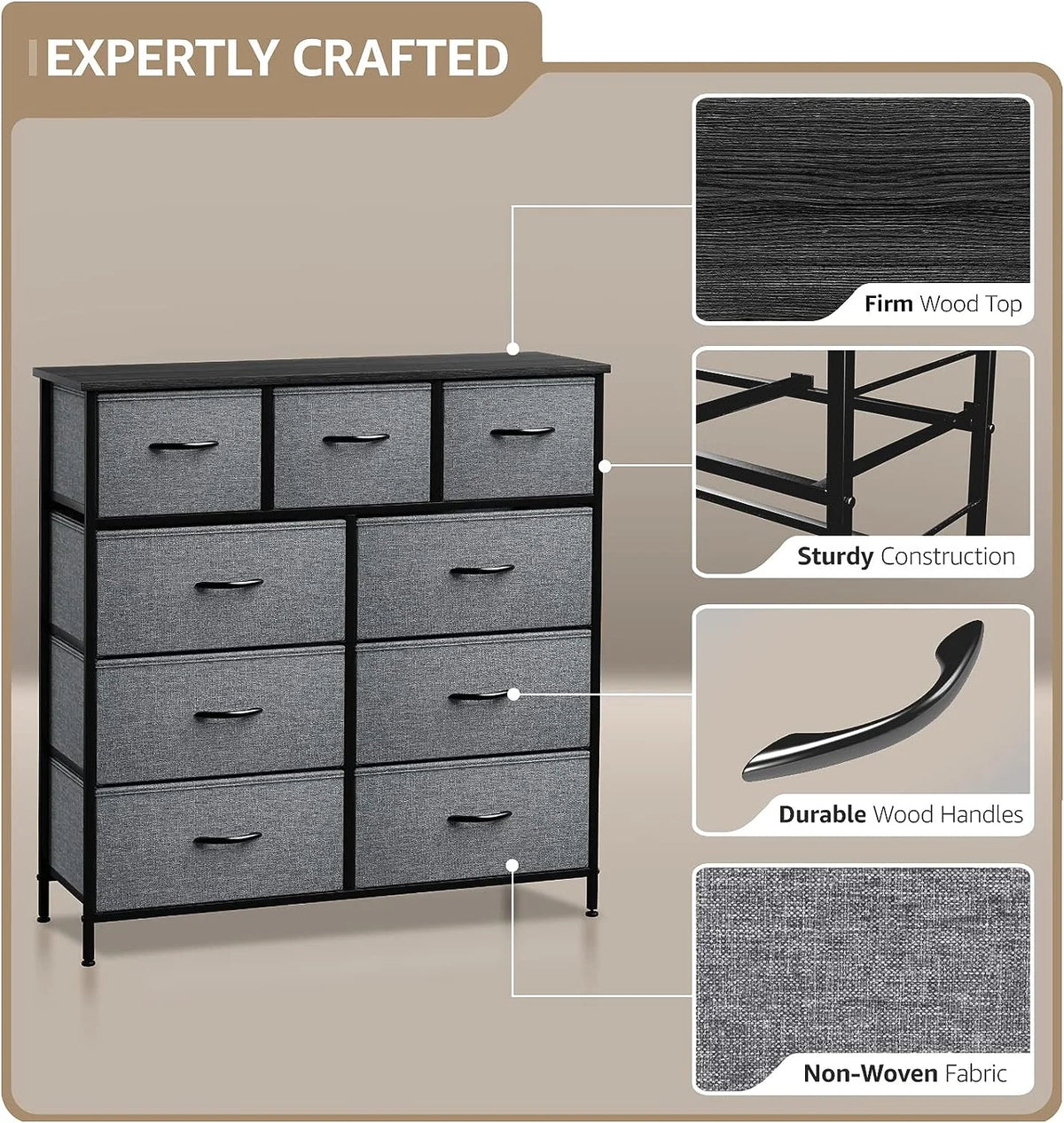 Black 9 Drawer Fabric Storage Dresser D165