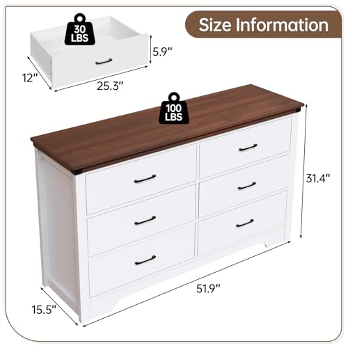 White 6 Drawer Wood Dresser with Metal Handle J39932