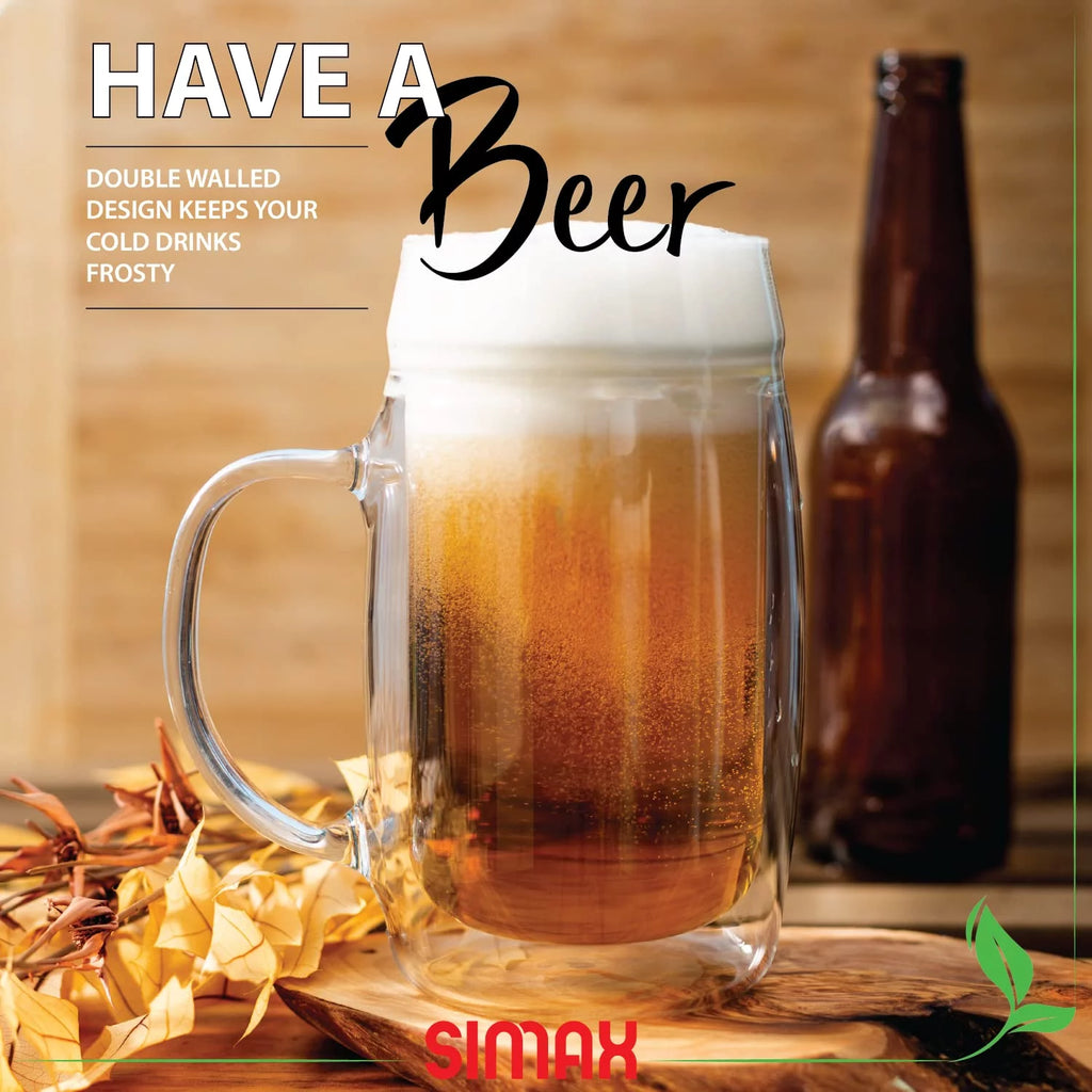 17 oz Double Walled Glass Beer Mugs with Handles (6) I3720