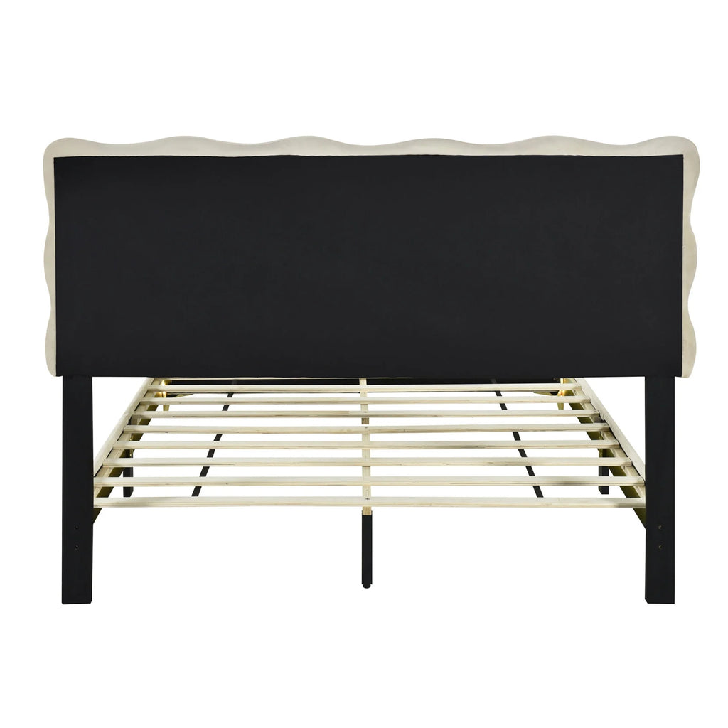 Queen Size Beige Velvet Upholstered Platform Bed with LED D97860