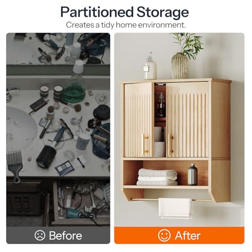 Fluted Bathroom Wall Cabinet with Towel Rack Y67959