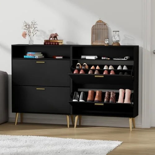Black Narrow Shoe Cabinet with 2 Flip Drawers U603501