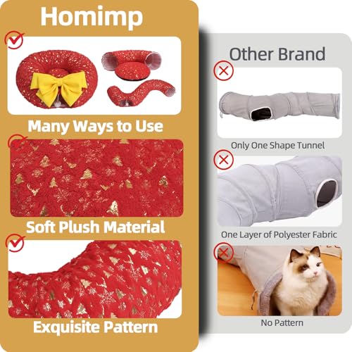 Christmas Cat Tunnel with Bowtie, Washable Circle Cushion and Plush Ball Toy, Red H416