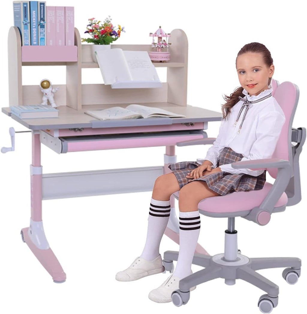 Pink Height Adjustable Kids Study Desk and Chair Set with Drawer and Bookshelf C224416